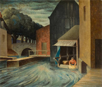 A riverscape with buildings, a stone bridge, and a person sitting by the water