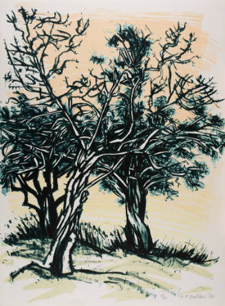 Three trees with twisting branches and leaves on a field of grass against a pastel orange and y…