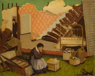 A woman sits with her head in her hands, surrounded by domestic clutter, with a partially destr…