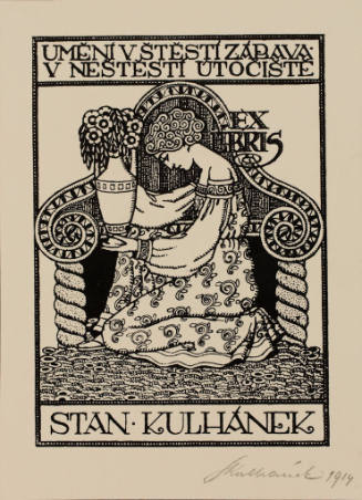 Illustration of a person with curly hair knelt holding a vase, surrounded by ornate patterns. D…