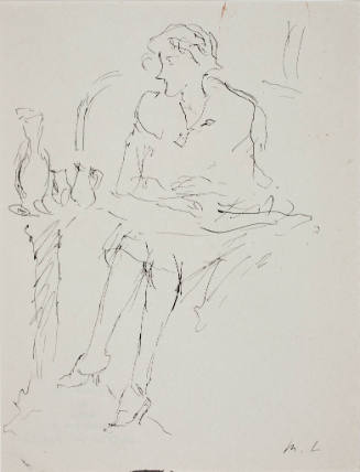 Line drawing of a seated woman with her hands folded in her lap next to a table holding a vase …