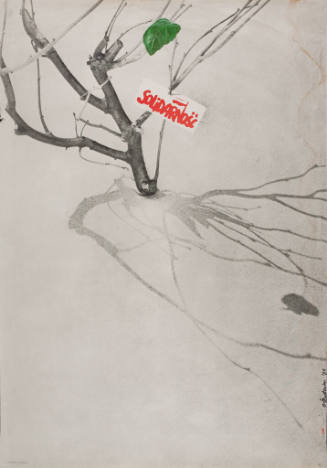 Poster of a bare tree branch in the upper left, with one green leaf and a card reading "Solidar…