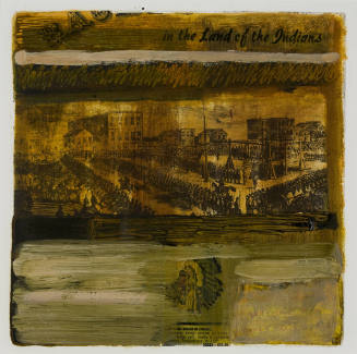 Collage in sepia-tones of a historical scene with soldiers and a crowd in a town squre around a…