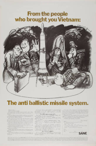 Poster featuring an Edward Sorel cartoon with five military men surrounding a table to launch a…