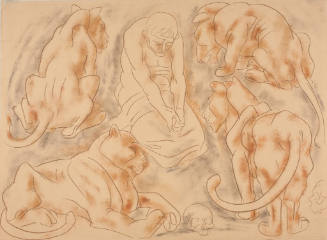 A person sits surrounded by lions, with a skull nearby in a stylized sketch