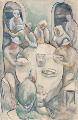 A painting of people gathered around a table with a fish platter and cups, surrounded by arched…