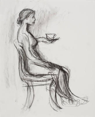 no title (Jennifer with chair study - nude seated in chair, holding cup)