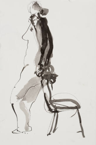 no title (Jennifer with chair study - standing nude, leaning on back of chair)