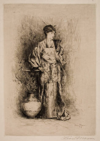 Etching of a woman in a kimono holding a fan, with a vase of flowers beside her