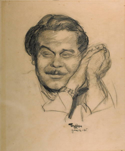 Pencil sketch of a man with a mustache resting his cheek on his hands.