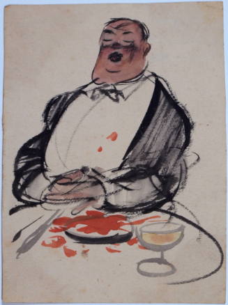 A sketch of a well-dressed man with closed eyes, sitting before a plate and a glass.
