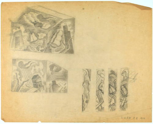 Pencil sketch of geometric abstract designs on aged paper.