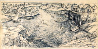 Coastal scene sketch with cottages, boats, and seagulls near a waterway.