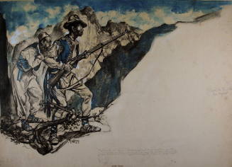 Two men in traditional attire with a rifle, standing on a rocky, mountainous terrain.