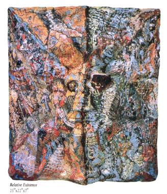 Hanging ceramic plaque with multicolored, worked surface depicting face with horns or projectin…