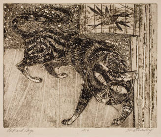 Etching of a cat with patterned fur walking near a bird in a cage.