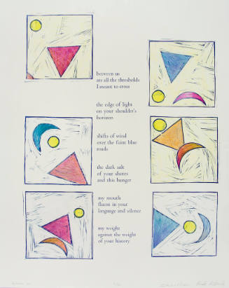Print of poem, “between us” with central poetic text flanked by three square illustrations on e…