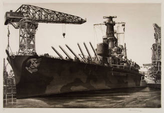 "Battle Wagon" U.S.S. Alabama Outfitting at Norfolk Navy Yard, Crane Ship Kearsarge Alongside