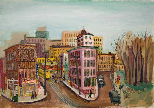 untitled (street scene with yellow street car)