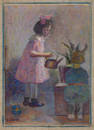 Painting of a girl in a pink dress watering a plant while a child stands nearby.