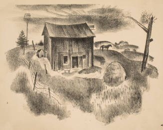 untitled (farm scene, barn, haystack and horse)