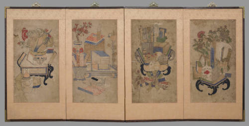 Four-panel folding screen of scholar's accoutrements