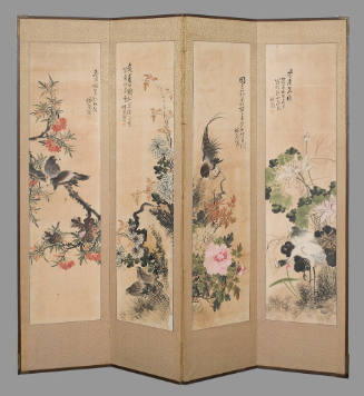 Four-panel folding screen of birds and flowers