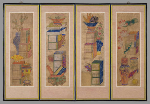 Four-panel folding screen of scholar's accoutrements