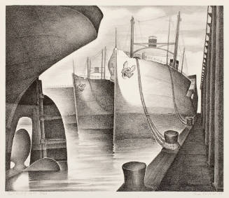 Black-and-white drawing of ship hulls and a dock with reflected water