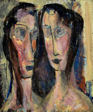 Abstract painting of two humanoid figures with geometric features and a muted color palette