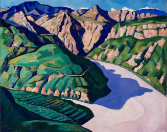 A landscape painting of a valley winding through lush mountains and fields.