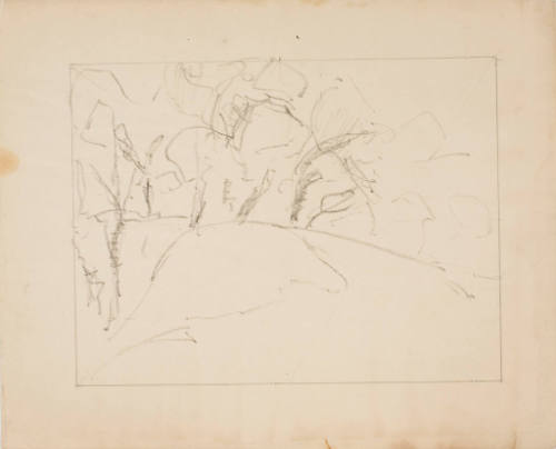 Pencil sketch of a landscape with trees and a hill on aged paper