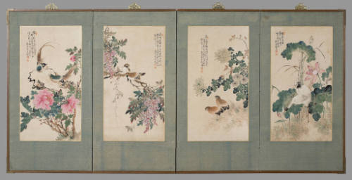 Four-panel folding screen of birds and flowers