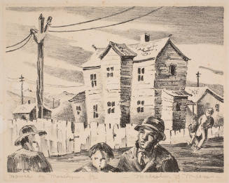 A two-story wooden house with a chimney, gabled roofs, and added rooms on either end of the fir…