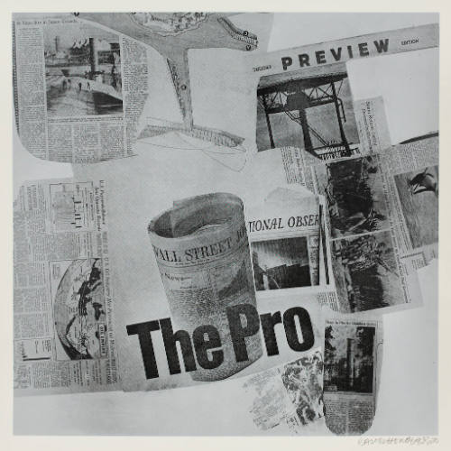 Newspaper collage with various clippings and prominent central newspaper headline "The Pro"