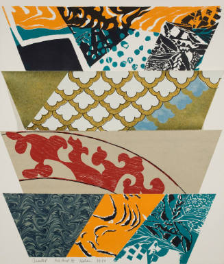 Print of four panels stacked on angled three-dimensional planes, featuring diverse patterns and…