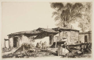 Sketch of a rustic house with two figures, a goat, and dense trees in the background