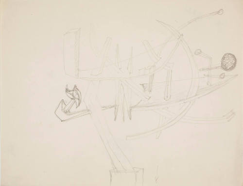 Graphite sketch of an abstract sculpture with intersecting lines, curved shapes, and spherical …