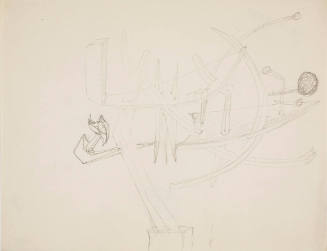 Graphite sketch of an abstract sculpture with intersecting lines, curved shapes, and spherical …