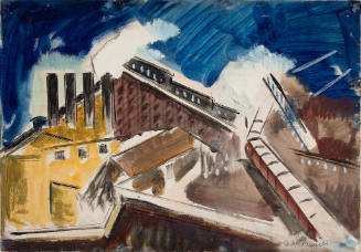 Painting of an industrial landscape with smokestacks, buildings and a blue sky