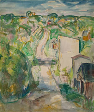 Impressionistic painting of a rural landscape with a winding path, green hills, and small house…