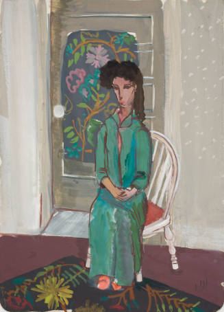 Depiction of a dark-haired person in a green robe sitting on a chair, with a floral-patterned s…
