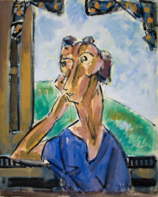 Abstract painting of a person with an elongated face sitting by a window