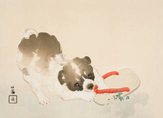 Illustration of a brown and white dog playfully biting a red-strapped geta sandal.