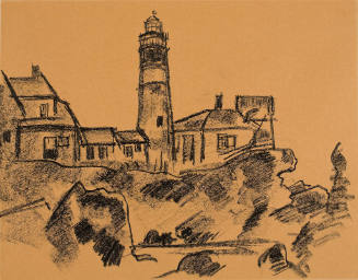 Monoachromatic sketch of a lighthouse and coastal structures on light brown paper.