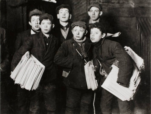 Group of Newsboys at Midnight on Brooklyn Bridge