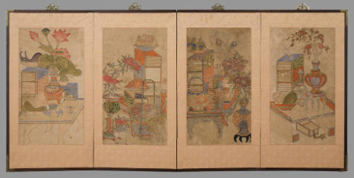 Four-panel folding screen of scholar's accoutrements
