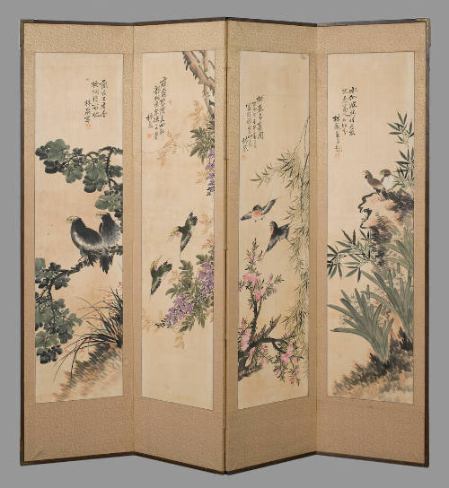 Four-panel folding screen of birds and flowers