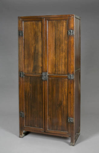 A tall, wooden cabinet with two vertically aligned doors and metal hardware