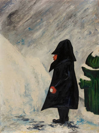 Person in a dark coat and hat walking in a snowy, stormy setting with a green fire hydrant near…